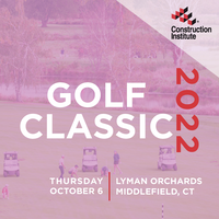The Construction Institute's 2022 Golf Classic at Lyman Orchards Golf Club. A group of people playing golf on a golf course. The people are wearing golf attire and are holding golf clubs. The background is a green golf course with trees and shrubs. The text on the image says 