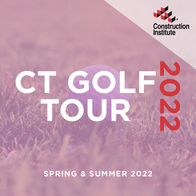 The Construction Institute's 2022 Golf Tour, Spring-Summer 2022. A golf ball sitting on a tee in the grass. The golf ball is white with dimples. The tee is green. The image is promoting the 2022 Golf Tour, taking place Spring-Summer 2022, which is organized by the Construction Institute.