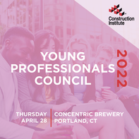 Construction Institute's Young Professionals Council meeting. A group of young professionals are sitting around a table looking at a tablet computer. The image is promoting a meeting of the Construction Institute's Young Professionals Council on Thursday, April 28 at the Concentric Brewery in Portland, Connecticut.