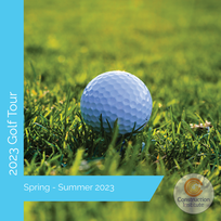 The Construction Institute's 2023 Golf Tour, Spring-Summer 2023. A golf ball sitting on a tee in the grass. The golf ball is white with dimples. The tee is green. The image is promoting the 2023 Golf Tour, taking place Spring-Summer 2023, which is organized by the Construction Institute.