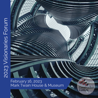 The Construction Institute's 2023 Visionaries Forum. A image is of a building with a blue cover. The building has a spiral staircase made of metal. The text on the image provides event details: February 16, 2023 at the Mark Twain House & Museum, hosted by The Construction Institute.