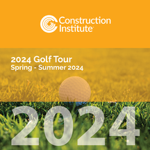 The Construction Institute's 2024 Golf Tour. A white golf ball sitting on a green tee in the grass. The golf ball has dimples and is surrounded by green grass. The image is promoting the Construction Institute's 2024 Golf Tour, taking place Spring-Summer 2024.