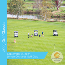 The Construction Institute's 2023 Golf Classic at Lyman Orchards Golf Club. A group of people playing golf on a golf course. The people are wearing golf attire and are holding golf clubs. The background is a green golf course with trees and shrubs. The text on the image says 