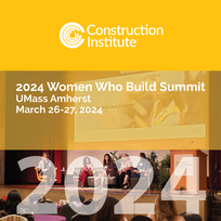 Construction Institute's 2024 Women Who Build Summit. An event tile for the 2024 Women Who Build Summit, a conference for women in the construction industry. The event tile features a group of women sitting on a stage talking to each other. The text on the tile includes the conference name, date, location, and the hashtag #womenwhobuild.
